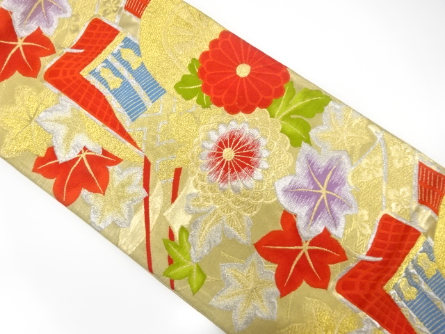 JAPANESE KIMONO / ANTIQUE FUKURO OBI / SILK / WOVEN CARRIAGE & KIKU